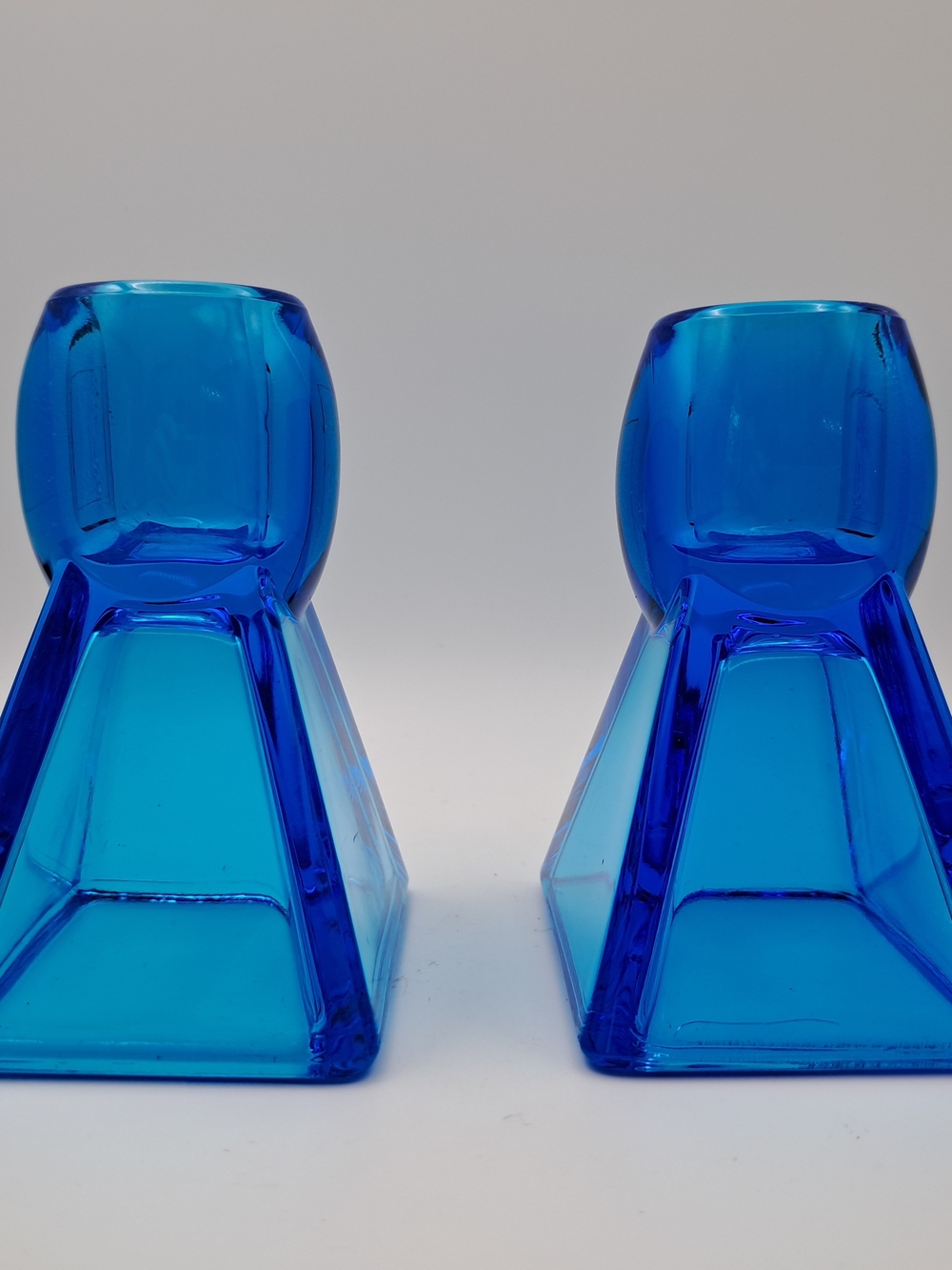 ​Vintage Mid Century Modern Blue Glass Candlestick Holders Pair Geometric MCM